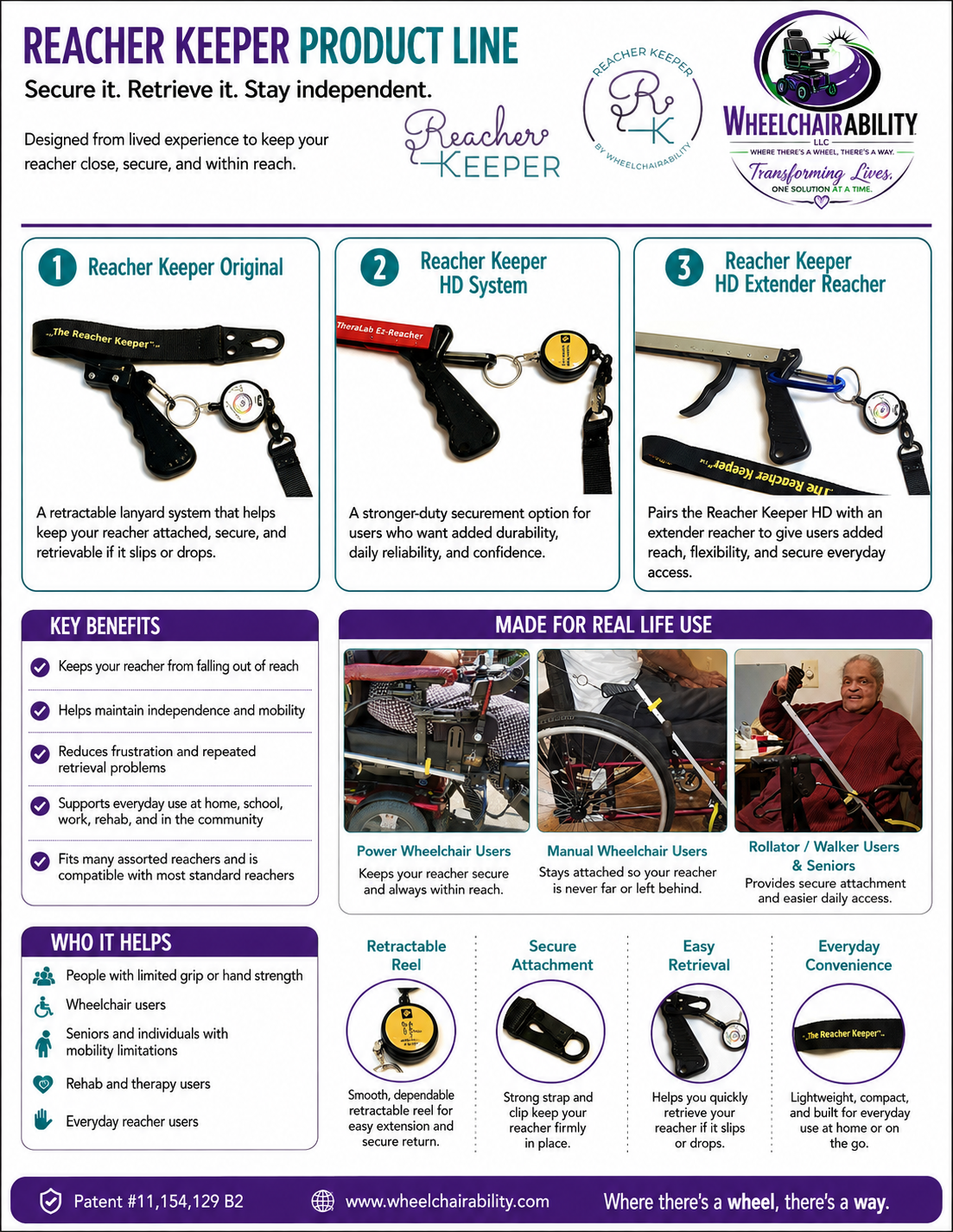 Reacher Keeper product line sheet comparing the Original, HD System, and HD Extender Reacher with key benefits and who it helps