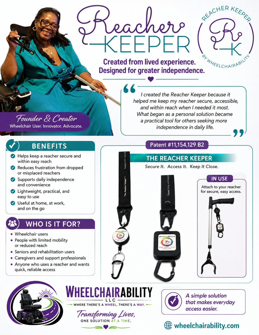 Reacher Keeper overview sheet: founder Phoenix Harlee holding a reacher, product benefits, and photos of the patented retractable Reacher Keeper attachment