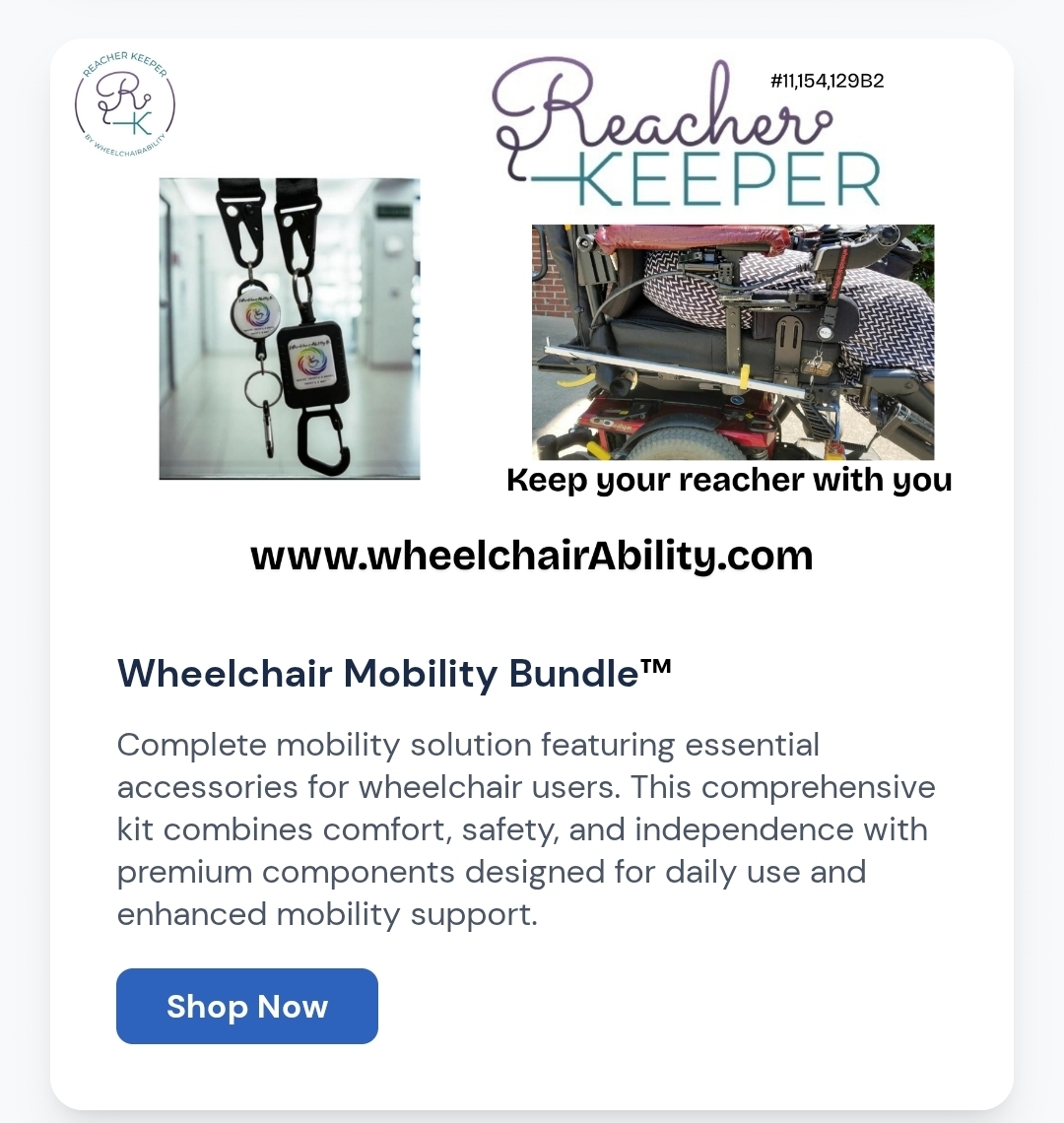 Wheelchair Mobility Bundle by WheelchairAbility LLC, featuring a Reacher Keeper reacher attachment, wheelchair-mounted pouches and the Reacher Keeper logo