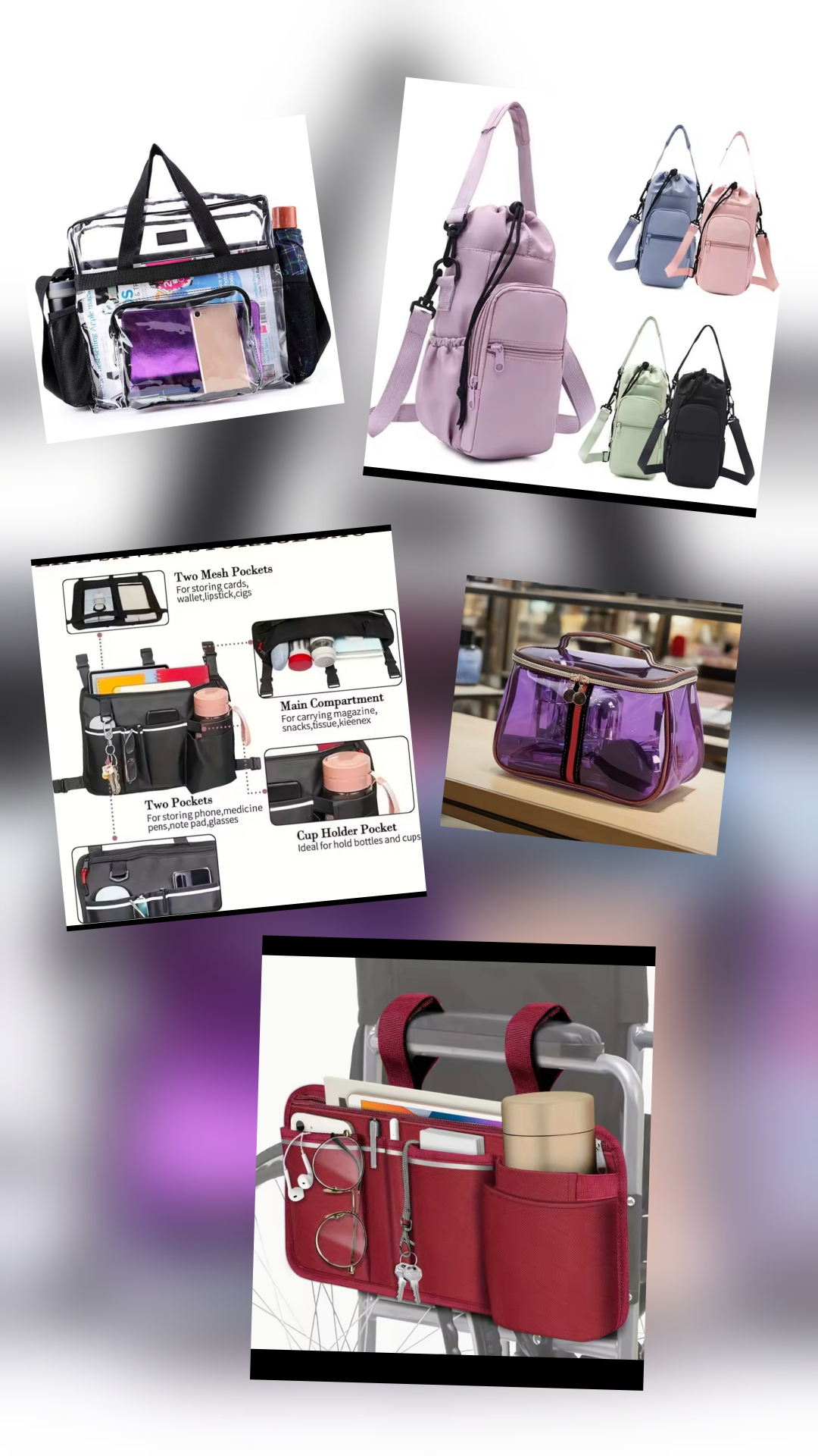 WheelchairAbility kit contents laid out together: clear tote, crossbody sling bags in several colors, an armrest organizer pouch with labeled pockets, a clear zip pouch and a red wheelchair side pouch