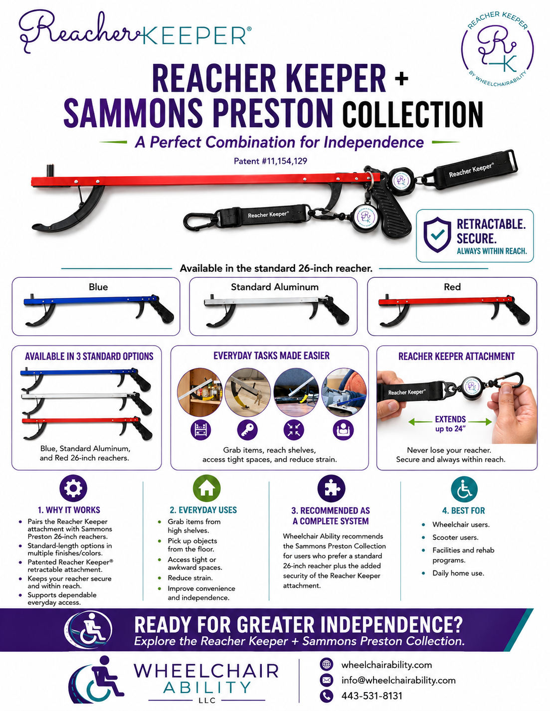 Reacher Keeper plus Sammons Preston Collection product sheet showing 26-inch reachers in blue, aluminum, and red