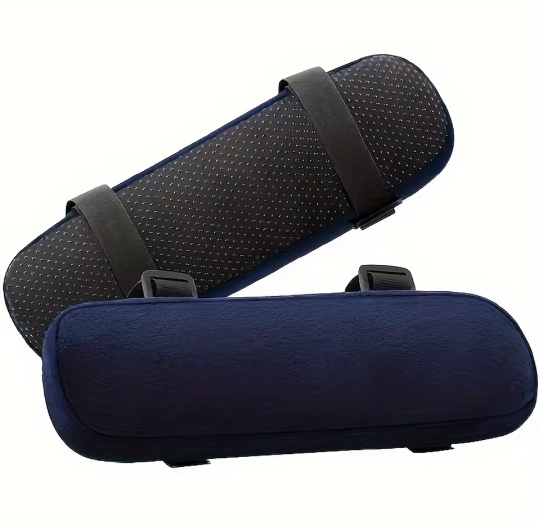 Navy armrest pads with adjustable straps, shown top and underside