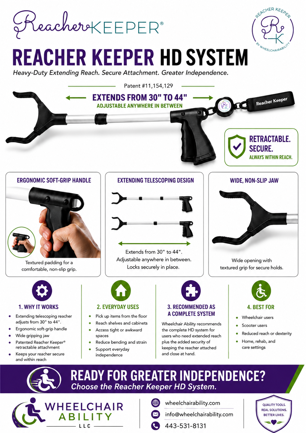 Reacher Keeper HD System product sheet showing a telescoping reacher extending from 30 to 44 inches