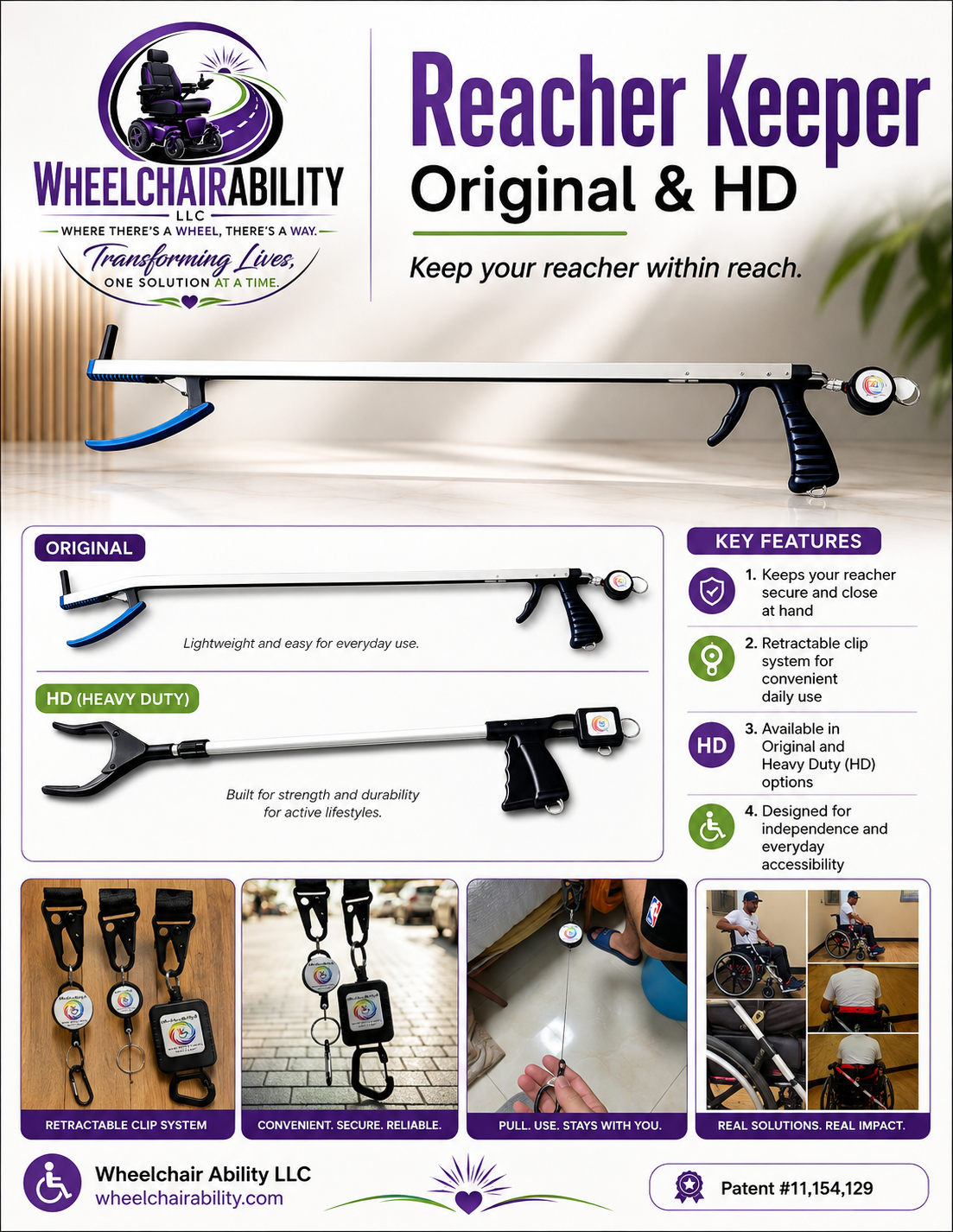 Reacher Keeper Original and HD product sheet showing a 30-inch aluminum reacher with the patented retractable keeper attachment