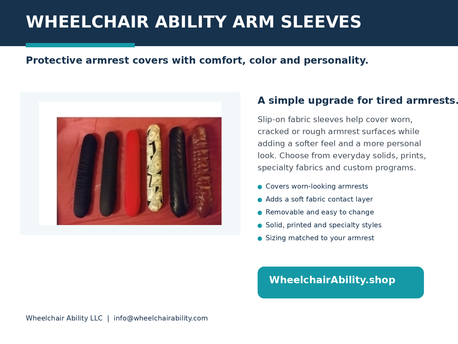 WheelchairAbility arm sleeves product sheet showing six fabric armrest sleeves in solid, printed and specialty styles
