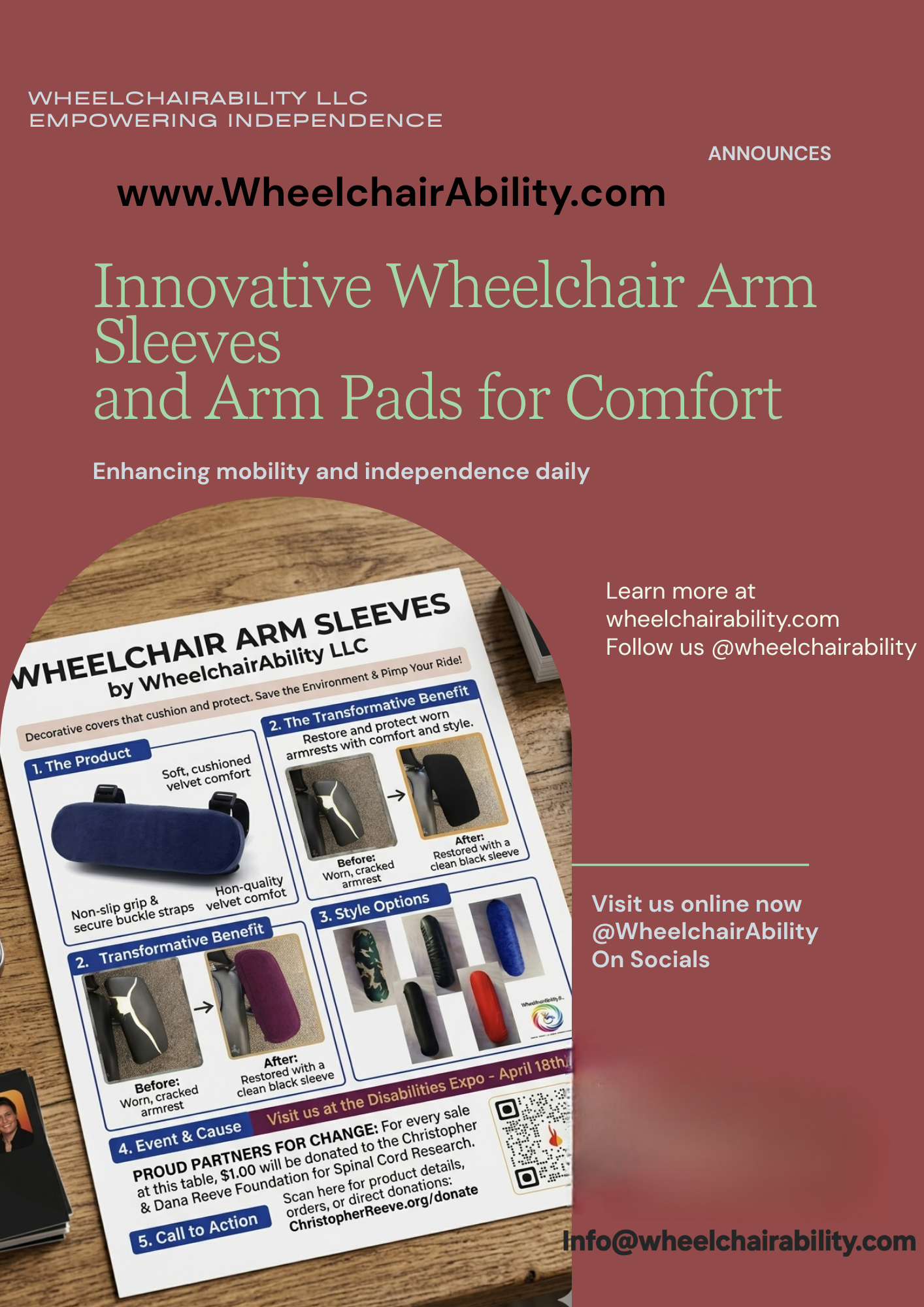 WheelchairAbility announcement poster for innovative wheelchair arm sleeves and arm pads for comfort
