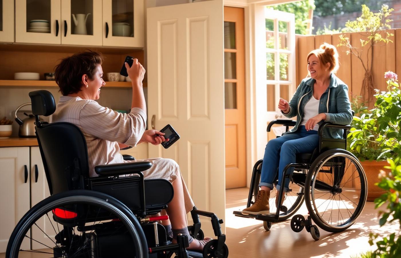 Two motorized wheelchair users enjoying their homes and community